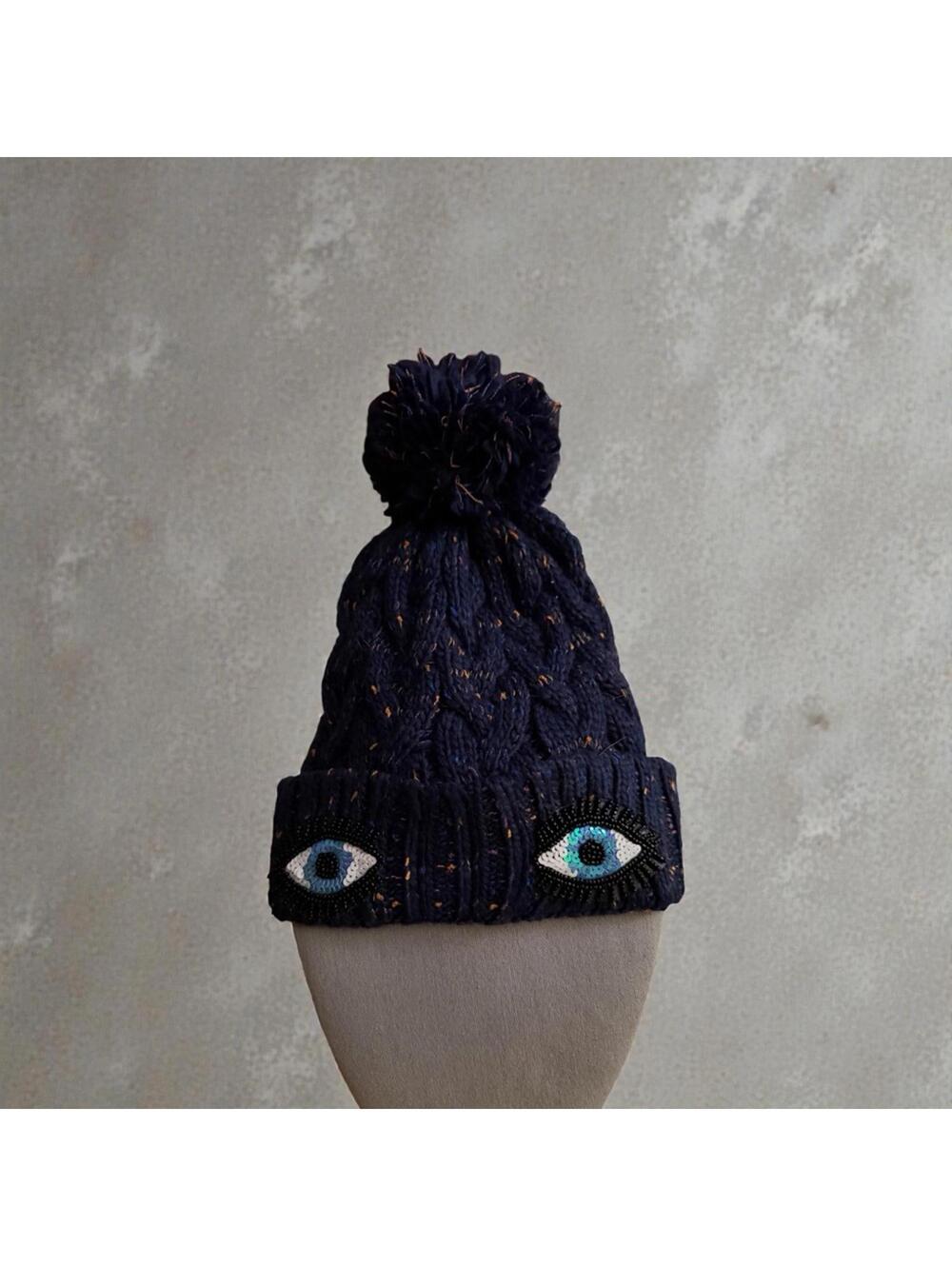 Bow and Drape Pom Pom Navy heathered wool Beanie w Emoji details NWOT